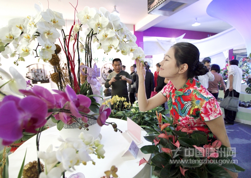 【新华社通稿图片】第五届山东省花卉博览会展览馆内，一名少女正在浸吸鲜花的芳香